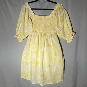 Billabong pink and yellow floral mini dress puff sleeves fit and flare